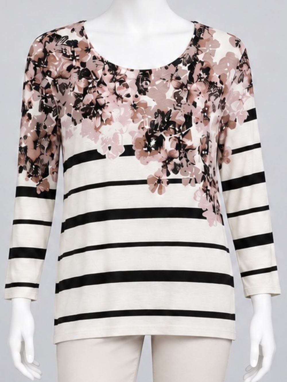 Coldwater Creek Pink Floral & Black Stripe Scoop Neck Top